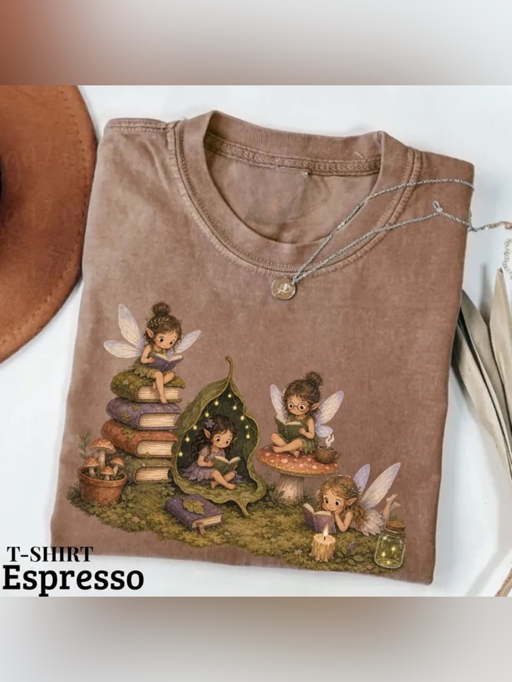 Comfort Espresso Fairy Reading Book Graphic Tee, Cute Fairies and Mushrooms